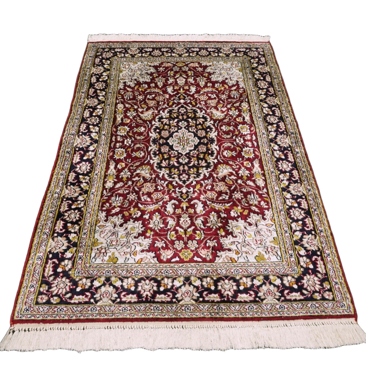 Kaschmir Seidenteppich - Ghom Medaillon in Rot und Creme
