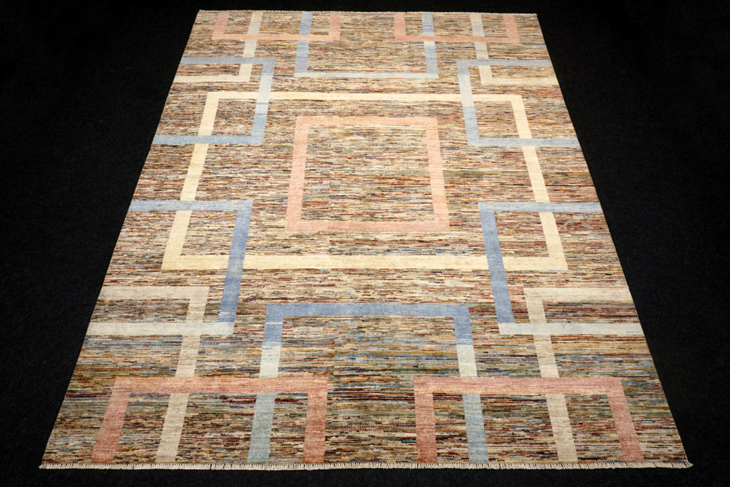 Designerteppich - geometrische Muster in Beige und Blau