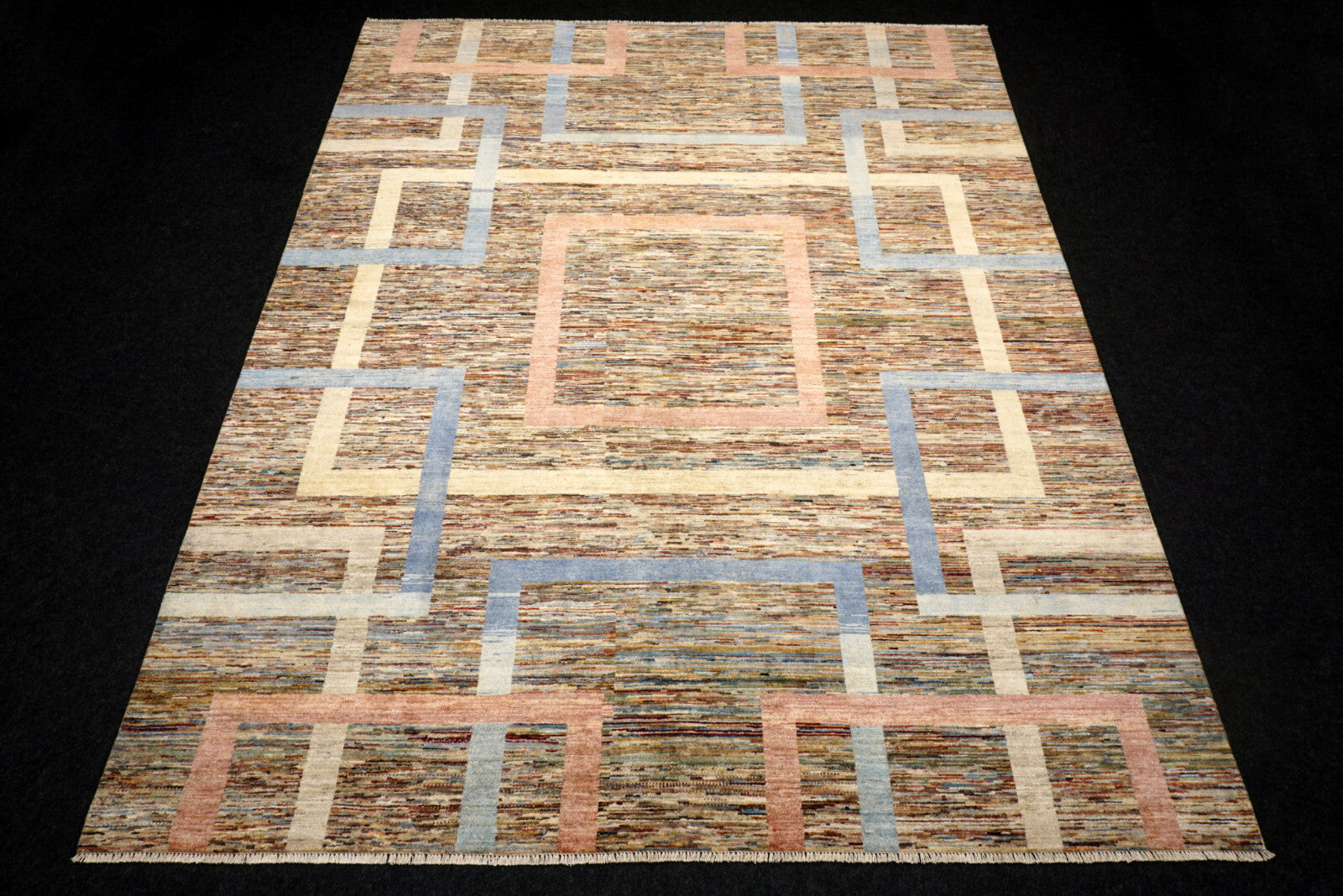 Designerteppich - geometrische Muster in Beige und Blau