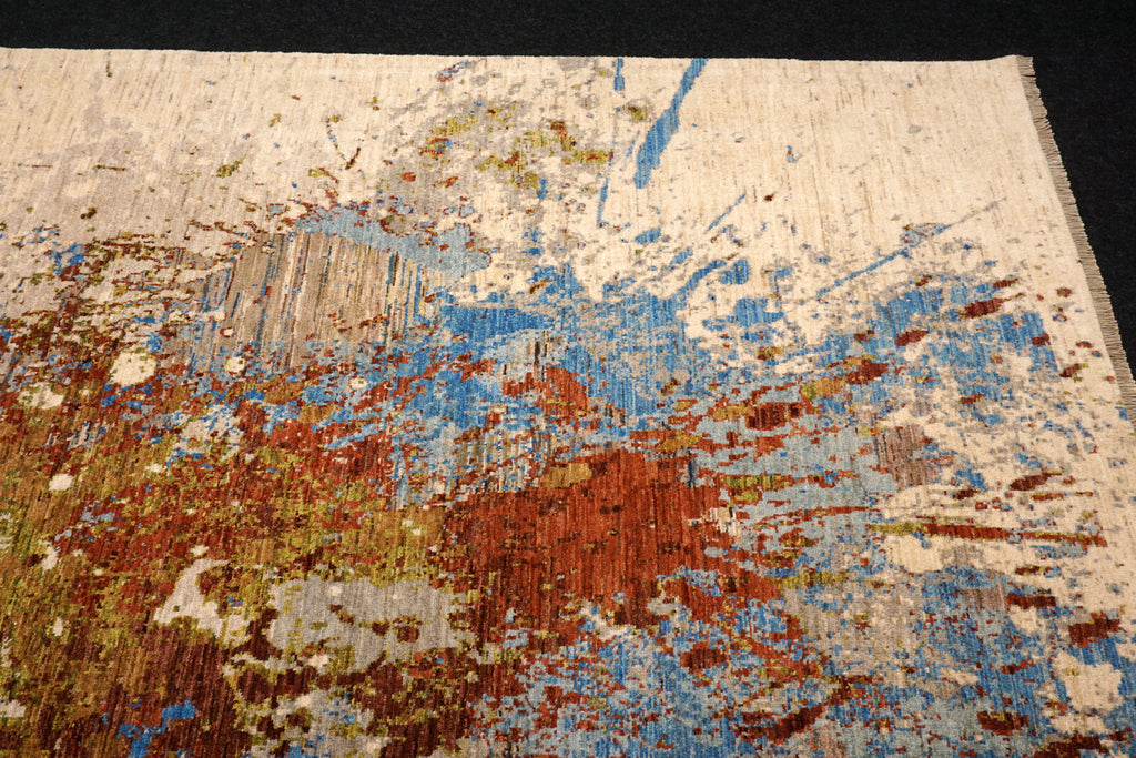 Designerteppich "Splash" - Beige mit Blau und Rostrot