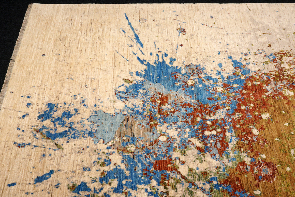 Designerteppich "Splash" - Beige mit Blau und Rostrot