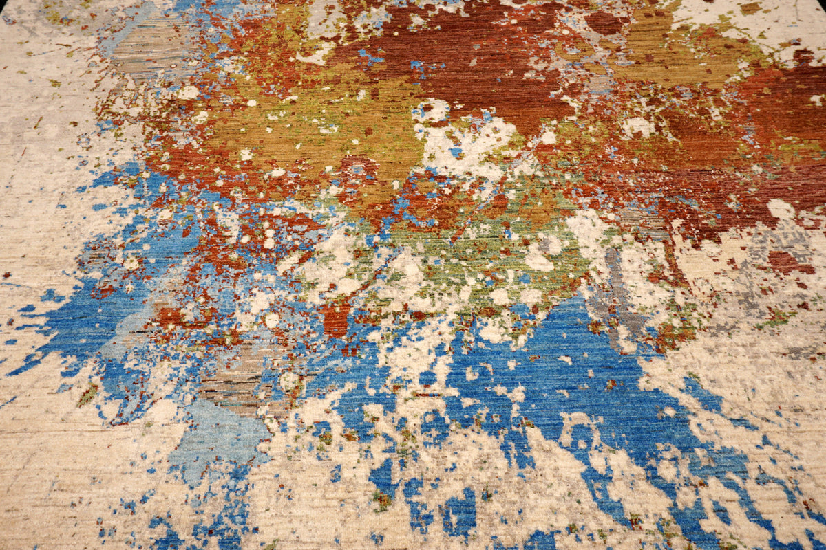 Designerteppich "Splash" - Beige mit Blau und Rostrot