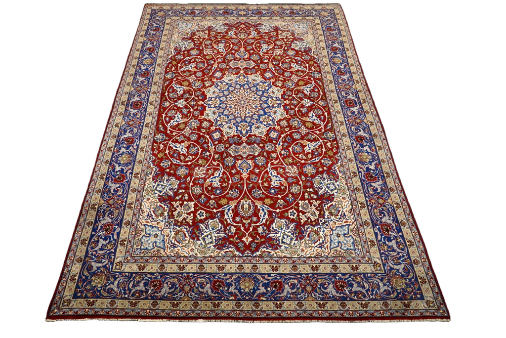 Isfahan Perserteppich - Rot mit Medaillon und Naturseide