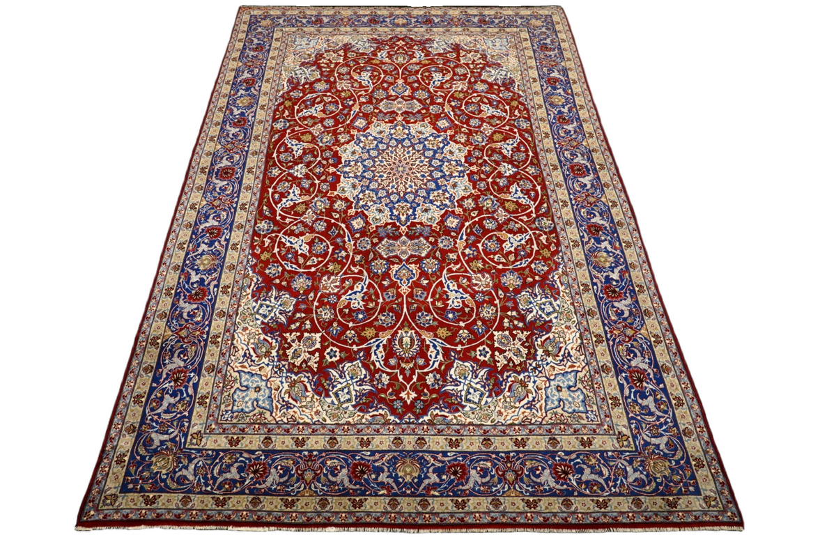 Isfahan Perserteppich - Rot mit Medaillon und Naturseide