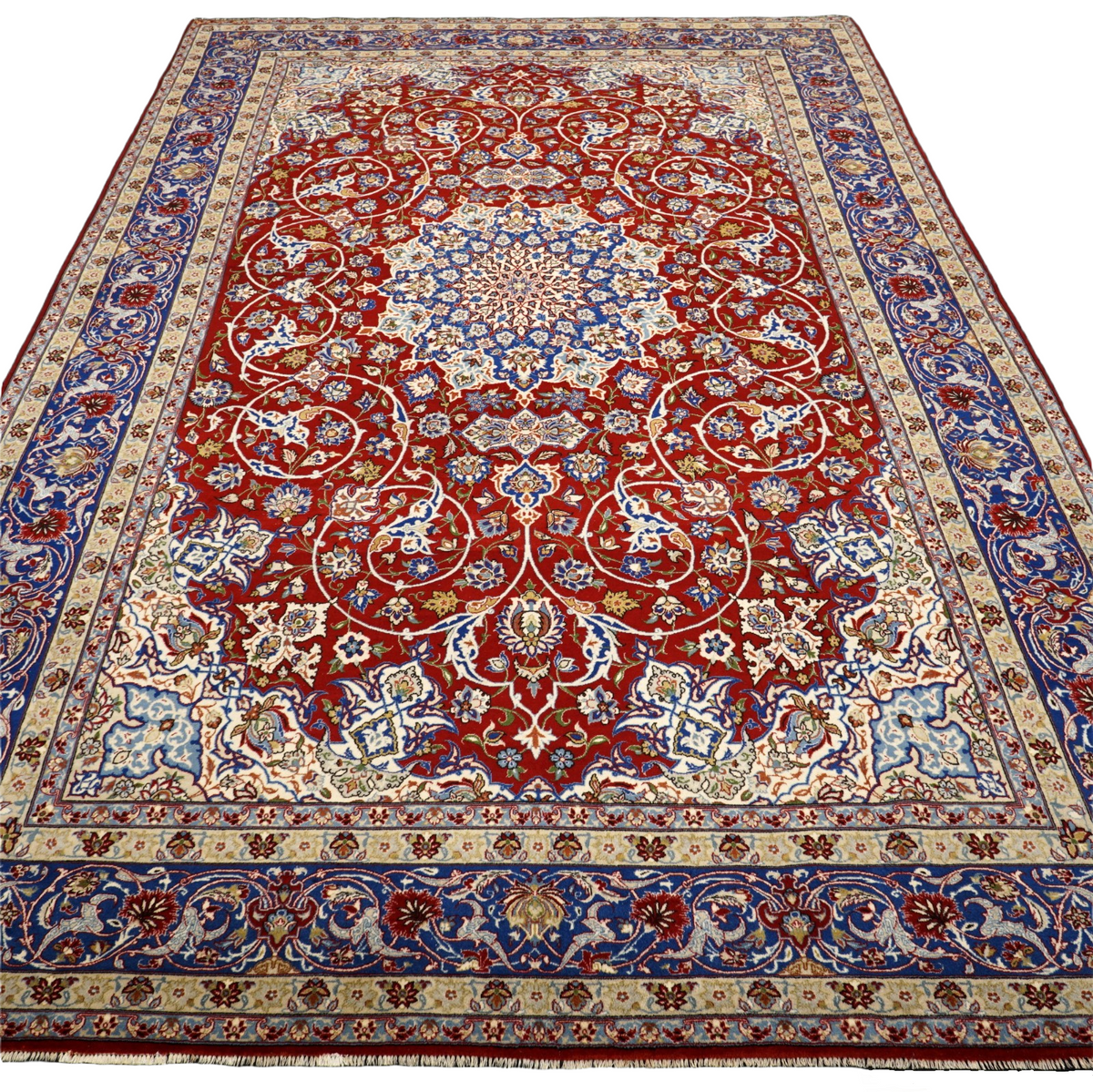 Isfahan Perserteppich - Rot mit Medaillon und Naturseide