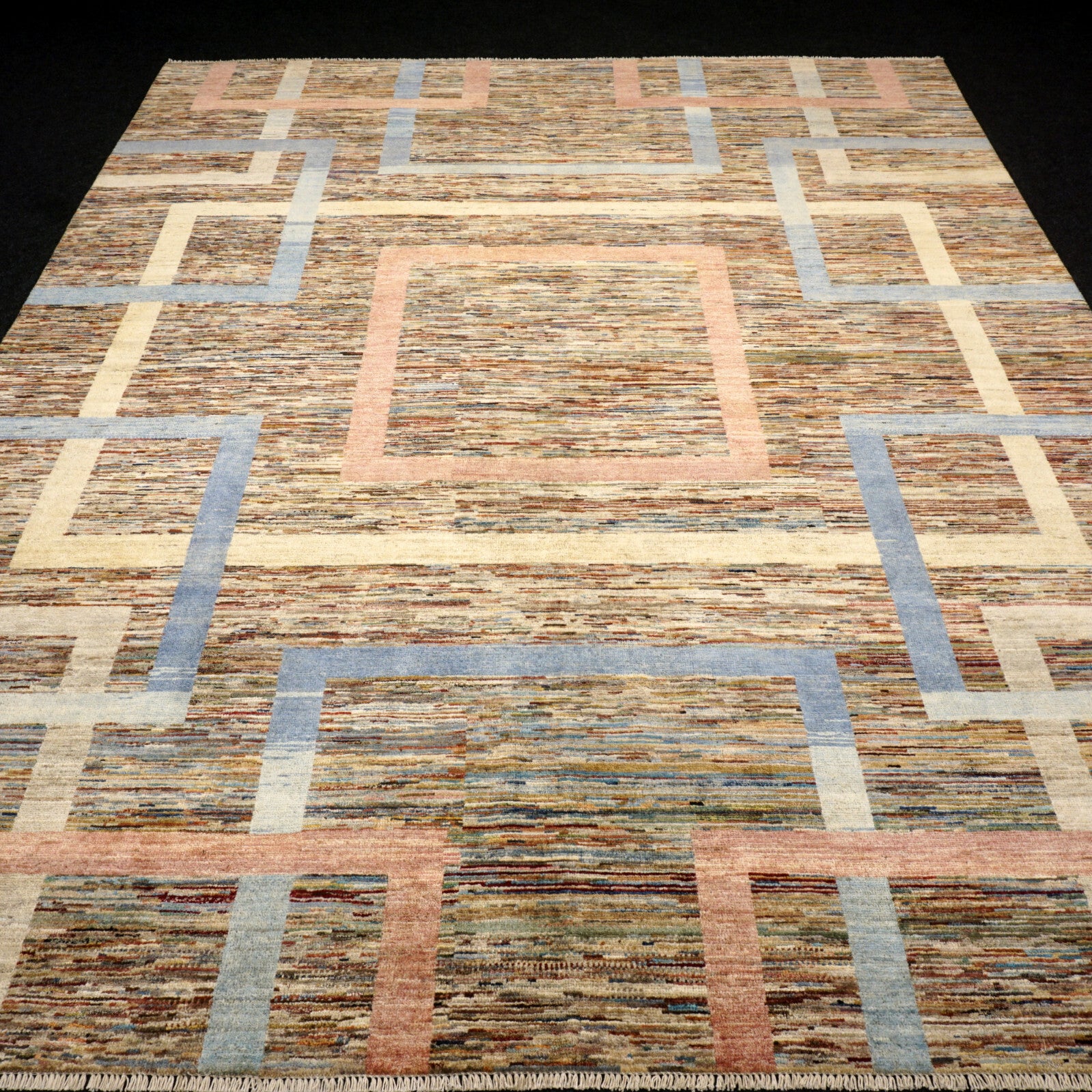 Designerteppich - geometrische Muster in Beige und Blau