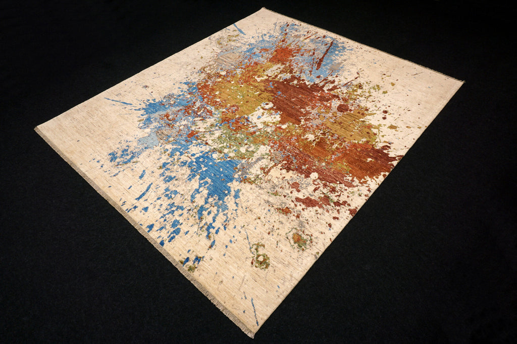 Designerteppich "Splash" - Beige mit Blau und Rostrot