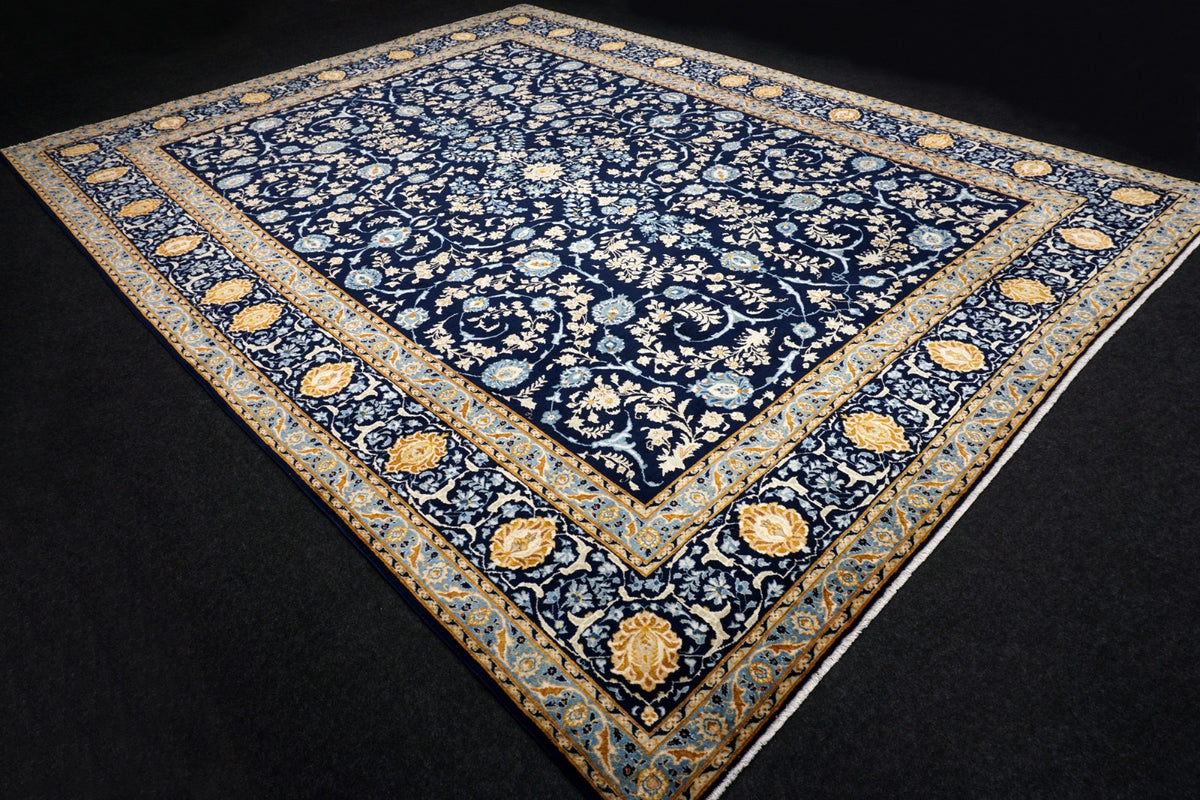 Keschan Perserteppich - Dunkelblau mit floralem Muster