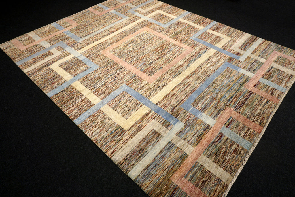 Designerteppich - geometrische Muster in Beige und Blau
