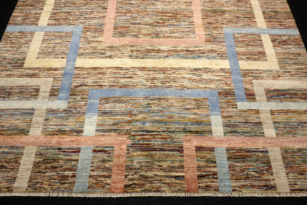 Designerteppich - geometrische Muster in Beige und Blau