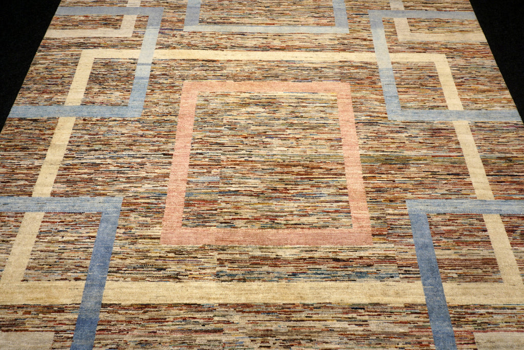 Designerteppich - geometrische Muster in Beige und Blau