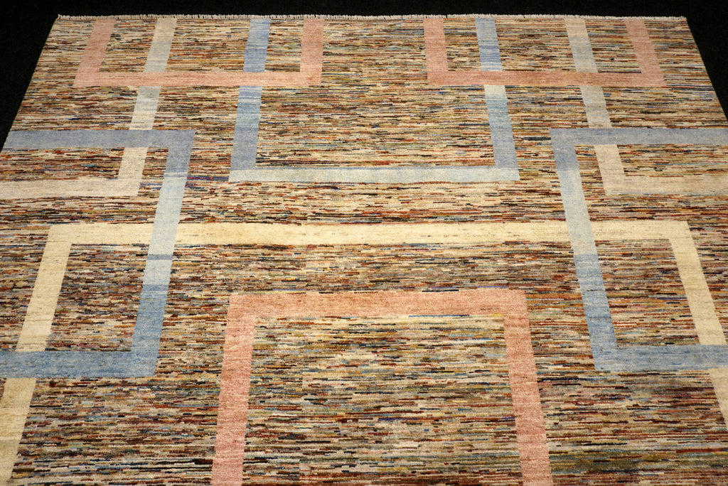 Designerteppich - geometrische Muster in Beige und Blau