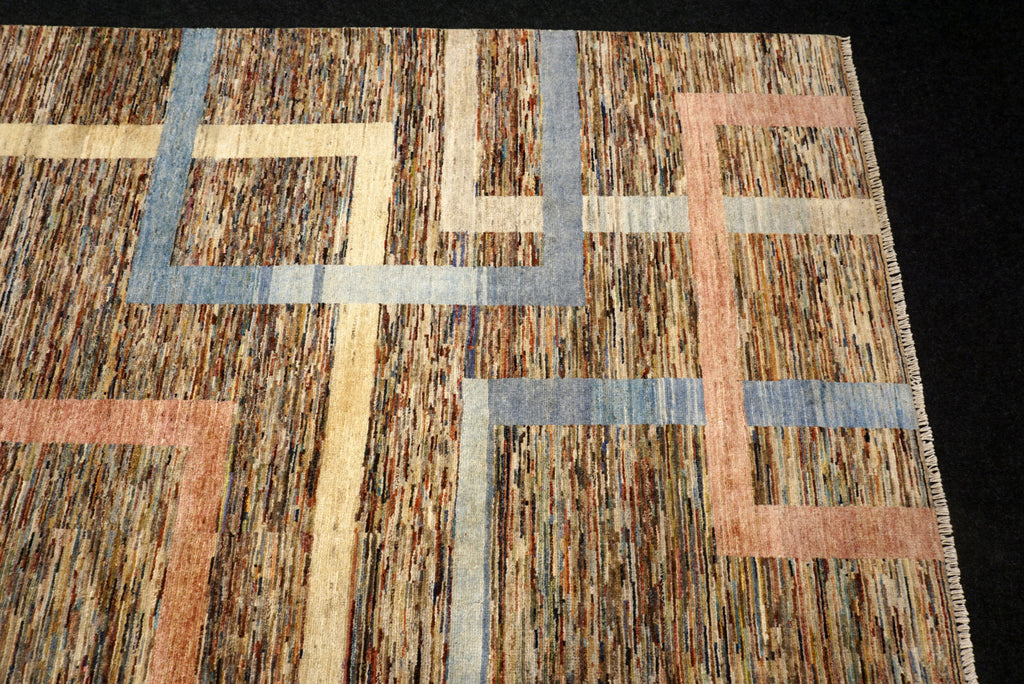 Designerteppich - geometrische Muster in Beige und Blau