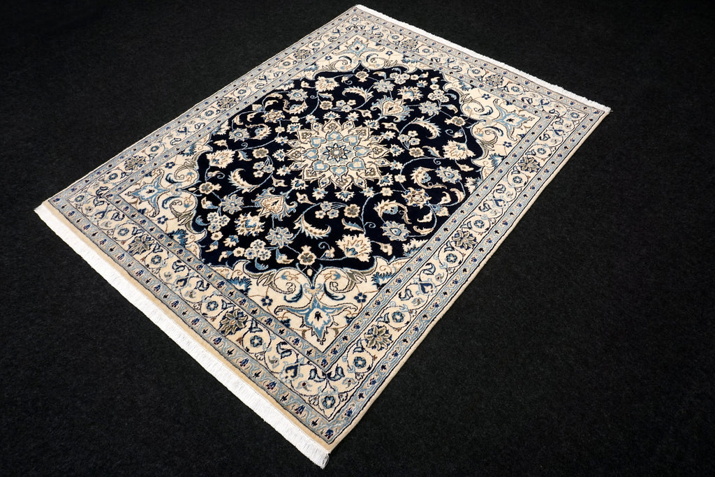 Nain 194 x 152 cm Dunkelblau Seide Handgeknüpft