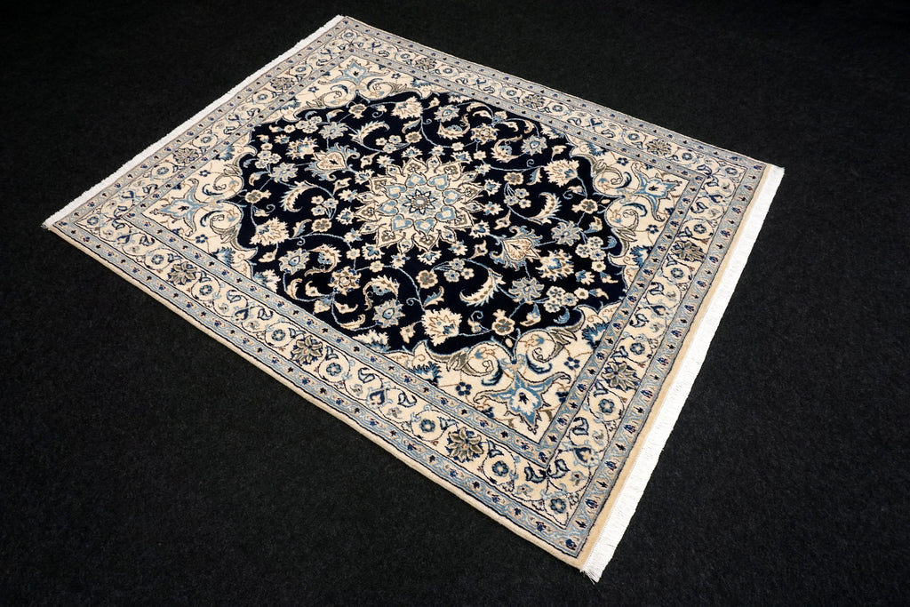 Nain 194 x 152 cm Dunkelblau Seide Handgeknüpft