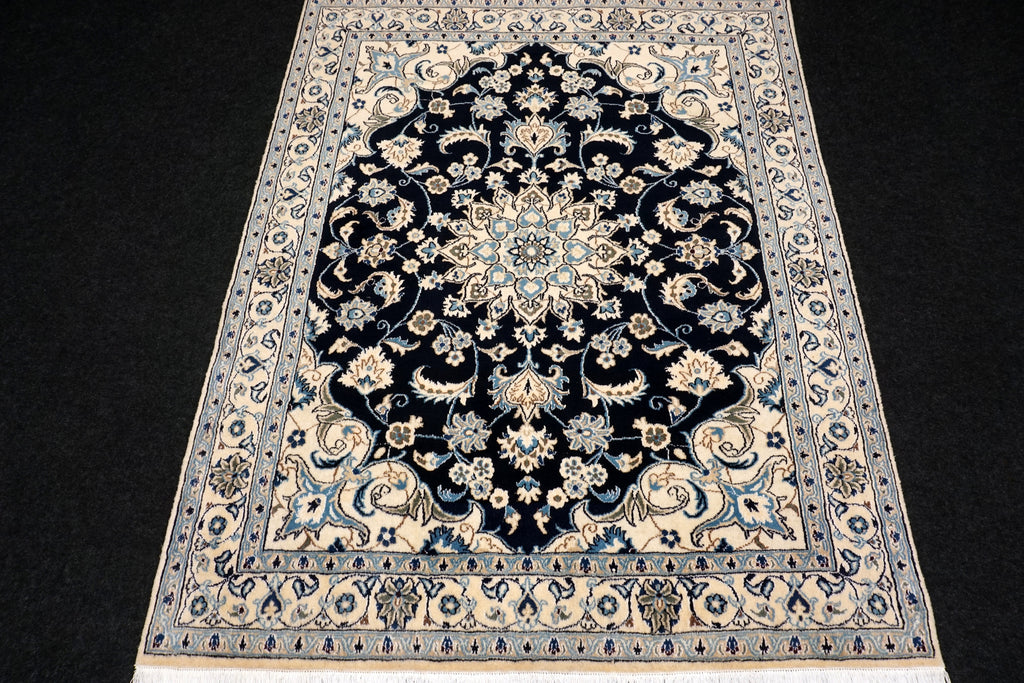 Nain 194 x 152 cm Dunkelblau Seide Handgeknüpft