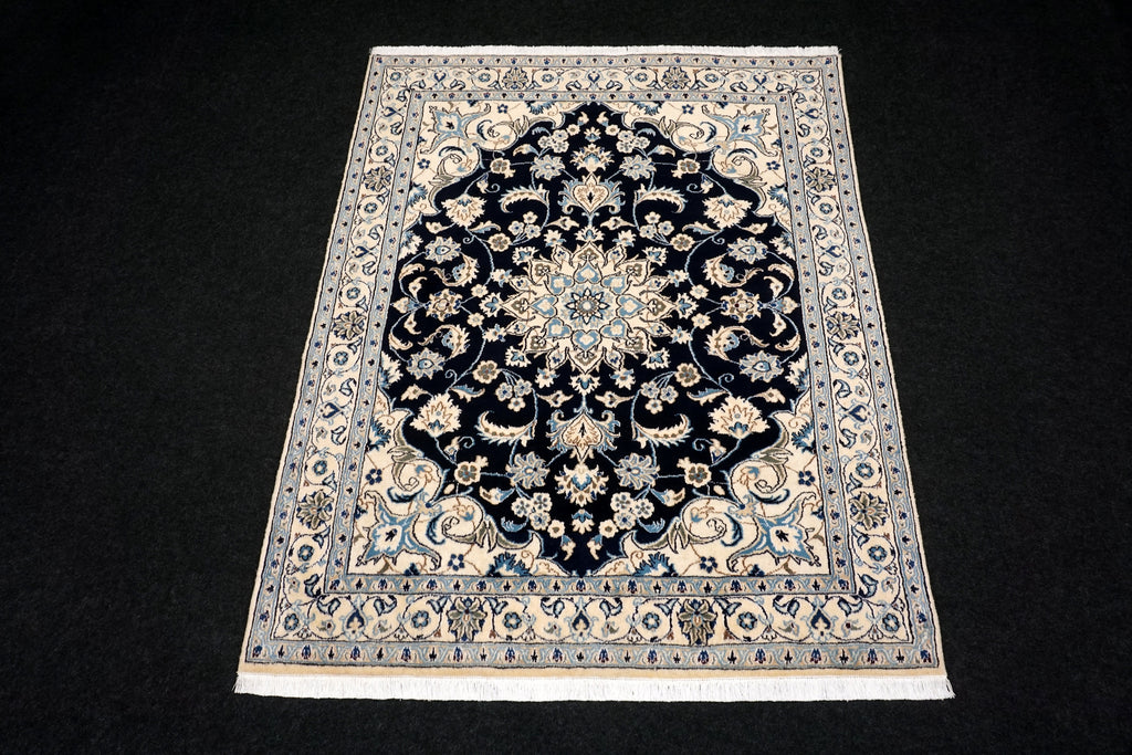 Nain 194 x 152 cm Dunkelblau Seide Handgeknüpft
